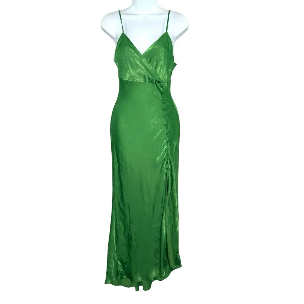 Zara XS Womens Button Slip Dress Bright Kelly Green Midi Slit Cocktail Party